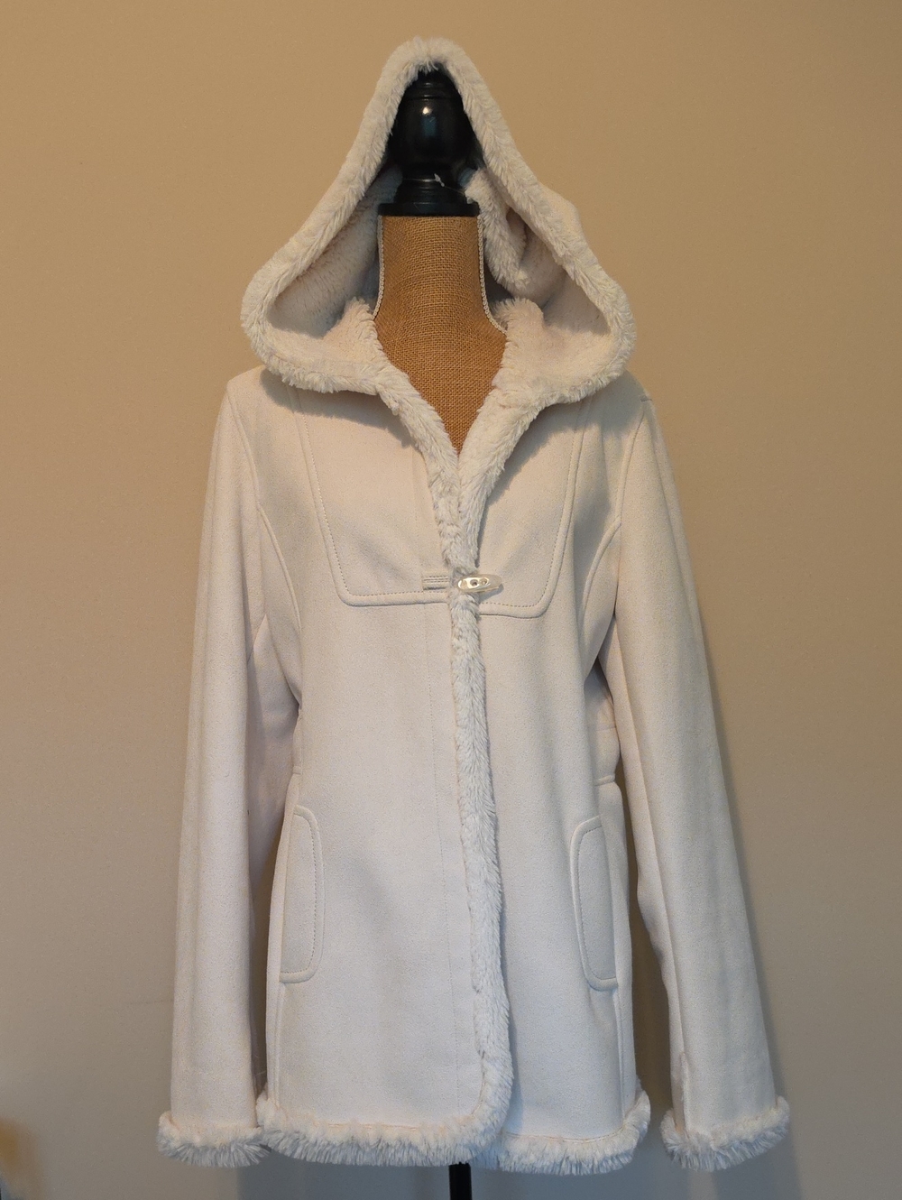 Jones New York Cream Hooded Faux-Fur Trim Jacket